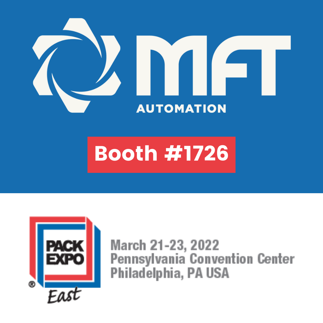 MFT Automation logo - Booth #1726. Pack Expo East Logo. March 21-23, Pennsylvania Convention Center. Philadelphia, PA, USA
